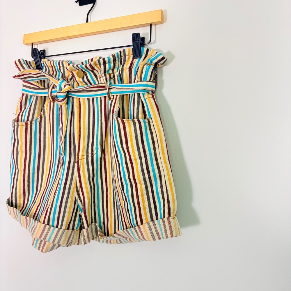 Entro Women Multi Color Striped Paperbag Waist Shorts High Rise Cotton Size M - Picture 3 of 6